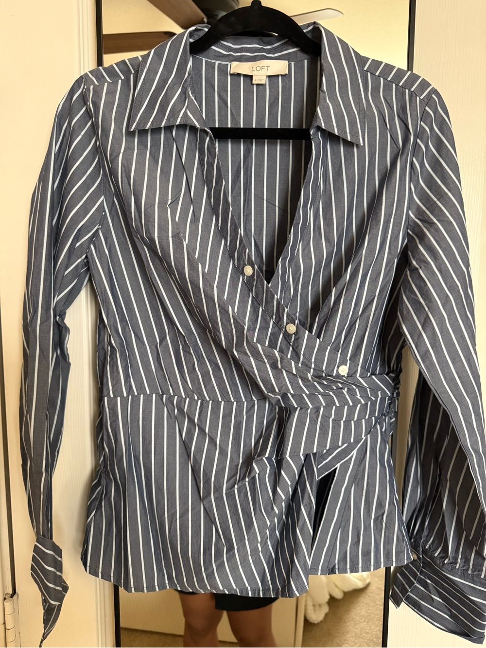 LOFT Navy and White Striped Wrap Button-Down Blouse